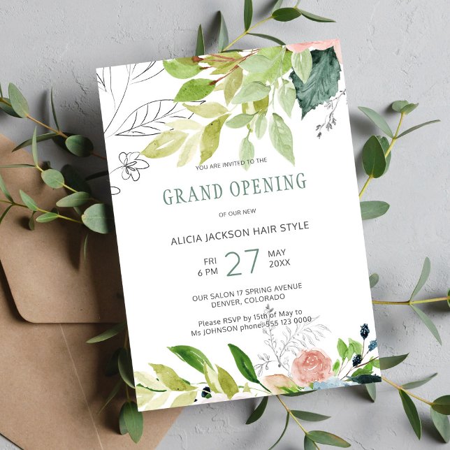 Greenery foliage chic beauty salon grand opening invitation (Creator Uploaded)