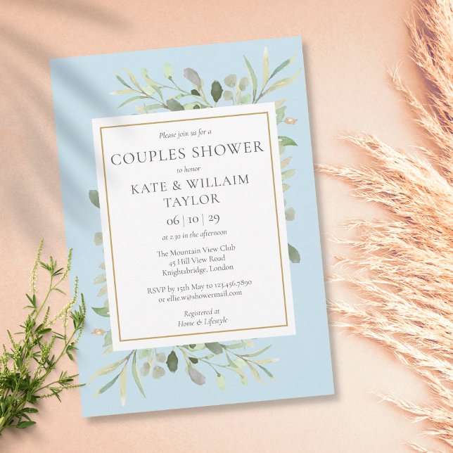 Greenery Foliage Couples Blue Baby Boy Shower Invitation (Creator Uploaded)
