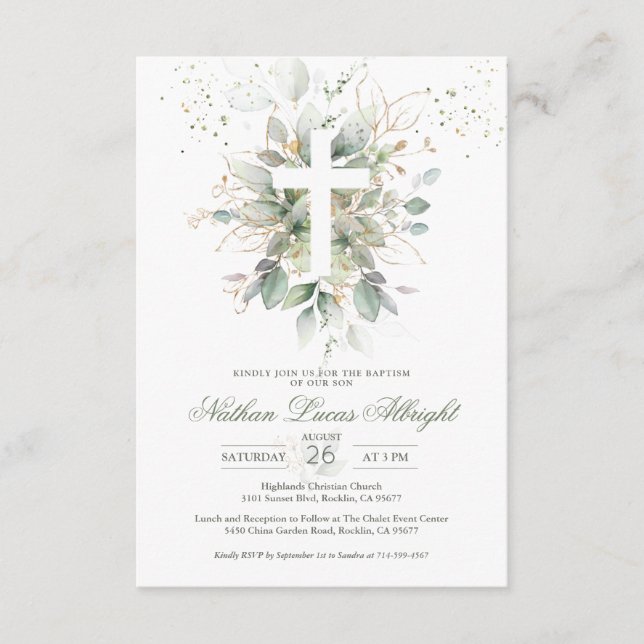 Greenery Foliage Cross Baby Baptism Enclosure Card (Front)