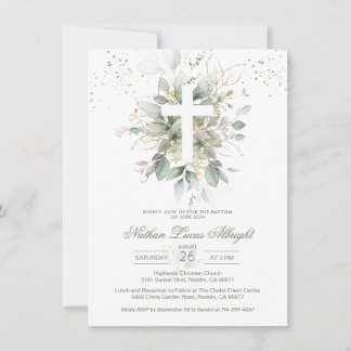 Greenery Foliage Cross Baby Baptism Invitation