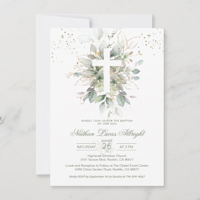 Greenery Foliage Cross Baby Baptism Invitation (Front)