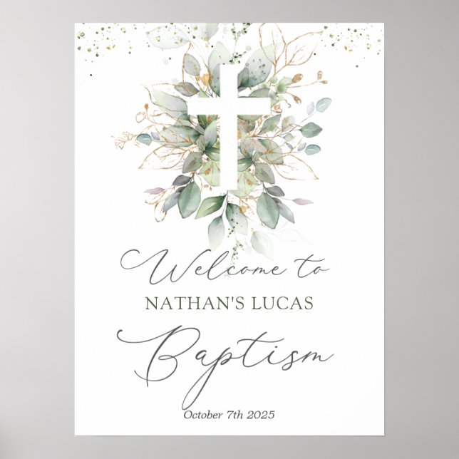 Greenery Foliage Cross Baby Baptism  Poster (Front)