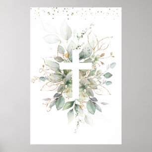 Greenery Foliage Cross Baby Baptism  Poster