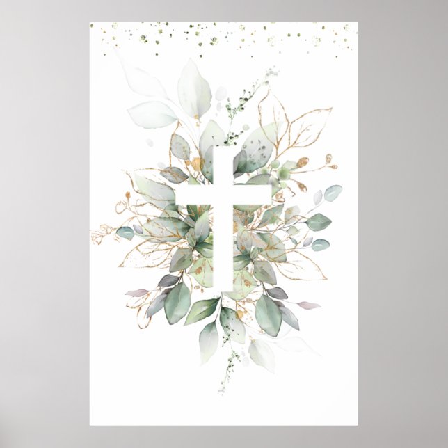 Greenery Foliage Cross Baby Baptism  Poster (Front)