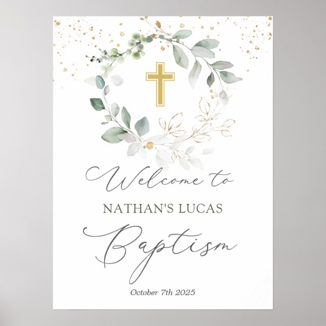 Greenery Foliage Cross Baby Baptism Poster (Front)