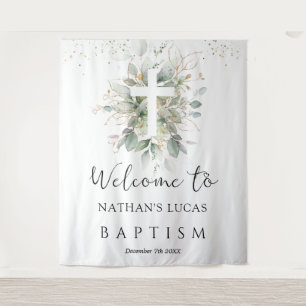 Greenery Foliage Cross Baby Baptism  Tapestry
