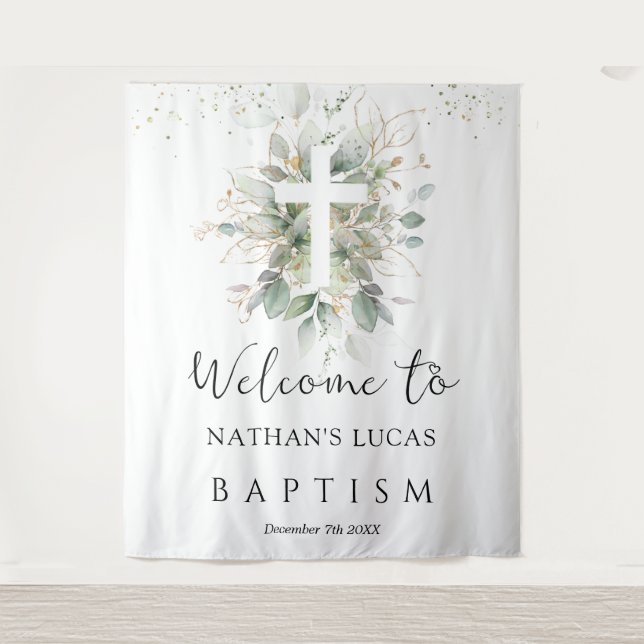 Greenery Foliage Cross Baby Baptism  Tapestry (Front)