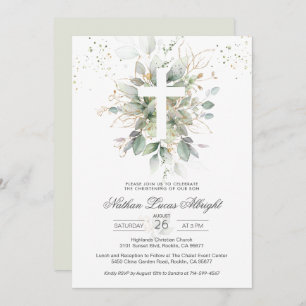 Greenery Foliage Cross Baby Christening Invitation