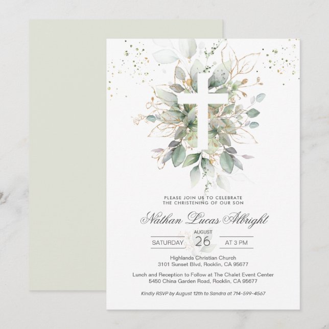 Greenery Foliage Cross Baby Christening Invitation (Front/Back)