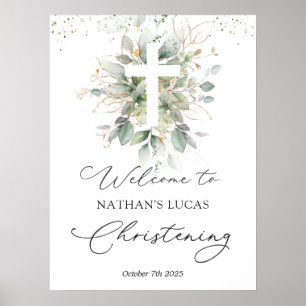 Greenery Foliage Cross Baby Christening Poster