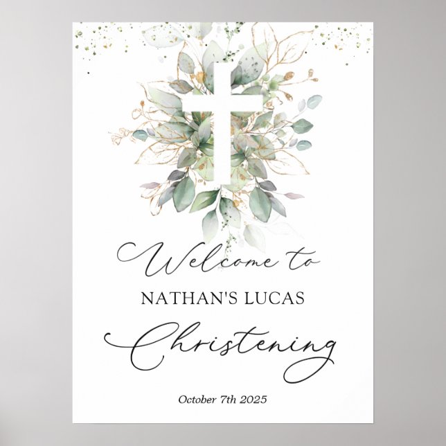 Greenery Foliage Cross Baby Christening Poster (Front)
