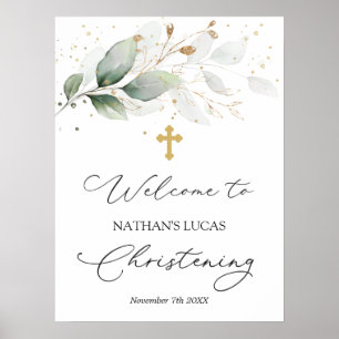 Greenery Foliage Cross Baby Christening Poster