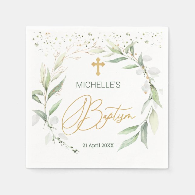 Greenery Foliage Cross Baptism  Napkin (Front)