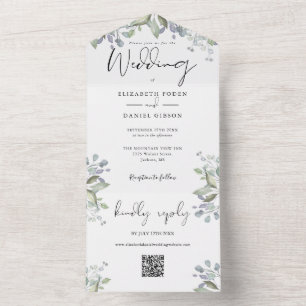 Greenery Foliage Elegant Script QR Code Wedding All In One Invitation