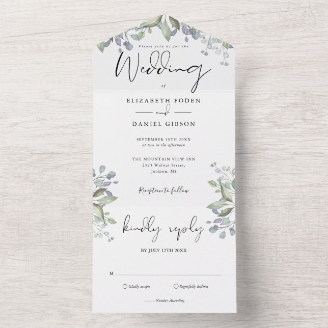 Greenery Foliage Elegant Script Wedding All In One Invitation (Inside)