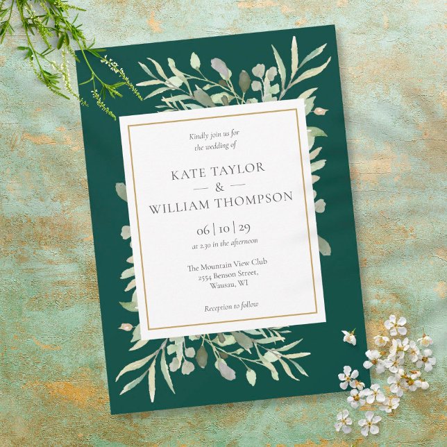 Greenery Foliage Emerald Gold Wedding Invitation (Creator Uploaded)