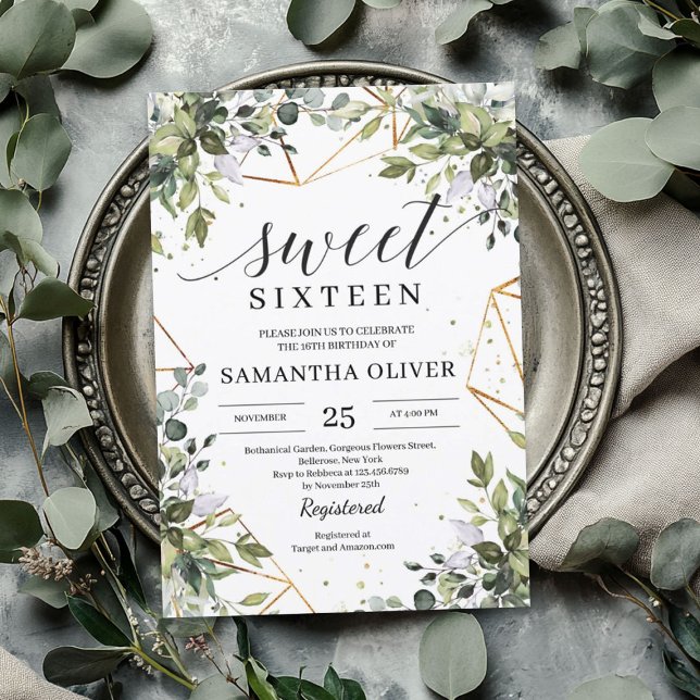 Greenery foliage eucalyptus gold sweet sixteen invitation (Greenery foliage eucalyptus gold sweet sixteen invitation)