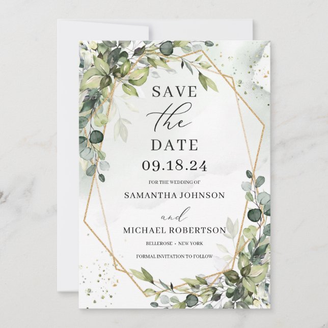 Greenery foliage eucalyptus leaves gold geometric save the date (Front)