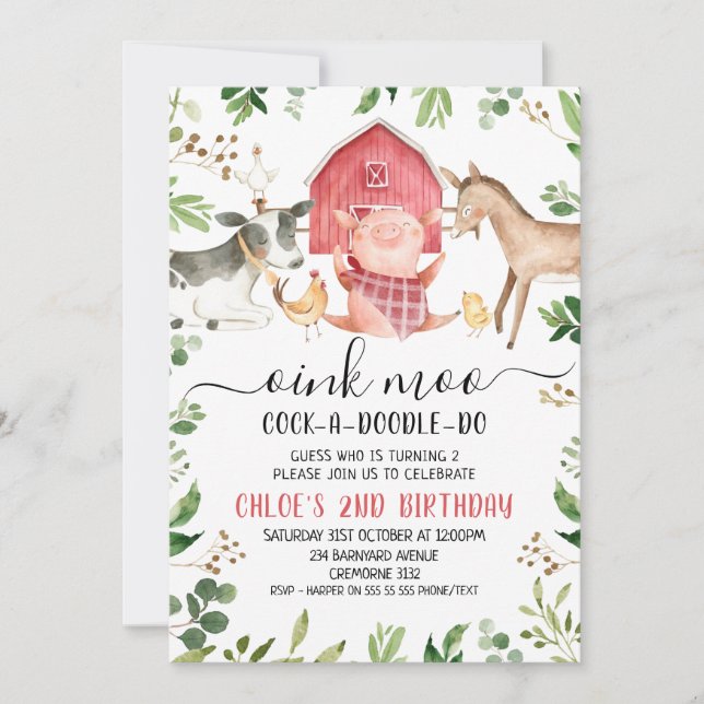 Greenery Foliage Farm Animals 2nd Birthday Invitation (Front)