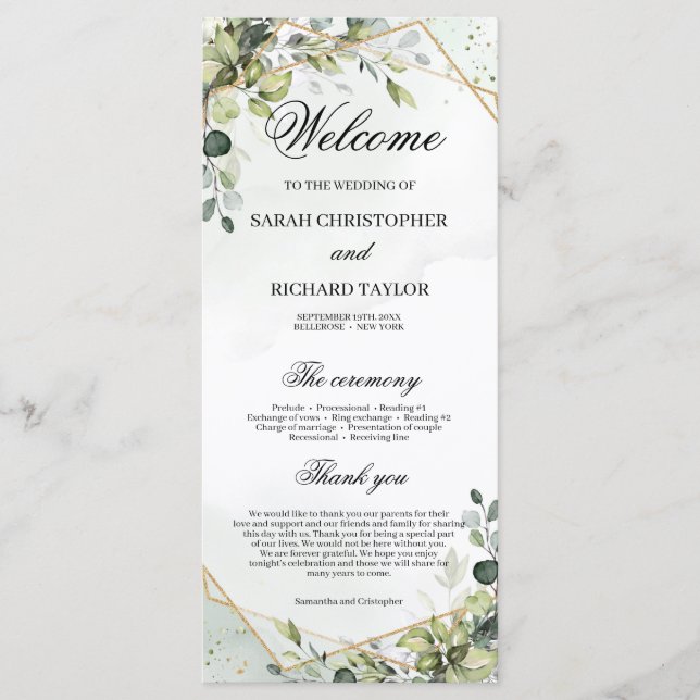 Greenery Foliage Faux Gold Geometric boho wedding Programme (Front)
