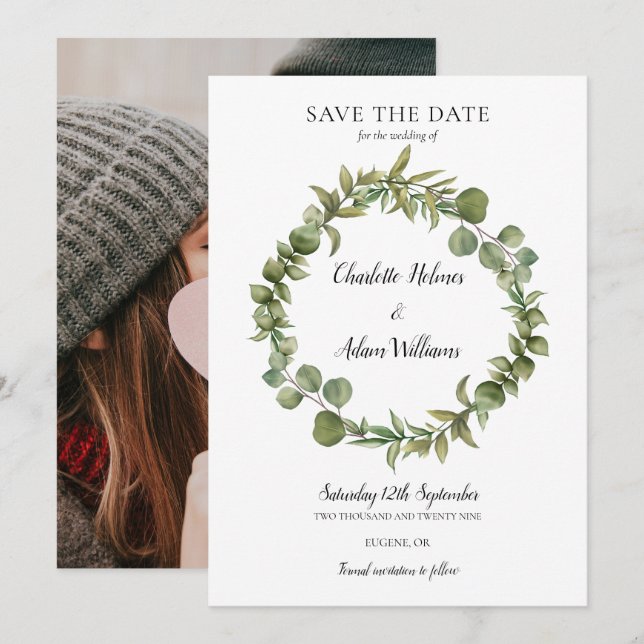 Greenery Foliage Garland Photo Wedding Save The Date (Front/Back)
