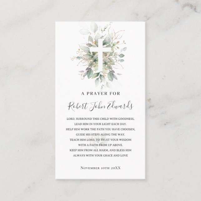 Greenery Foliage Gender Neutral Baptism Prayer Business Card (Front)