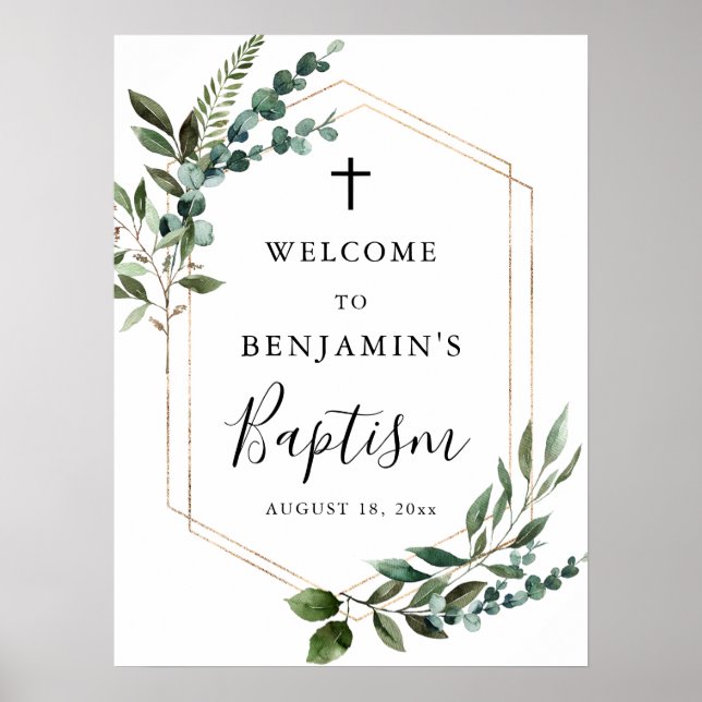 Greenery Foliage Gold Cross Baptism Welcome Poster (Front)