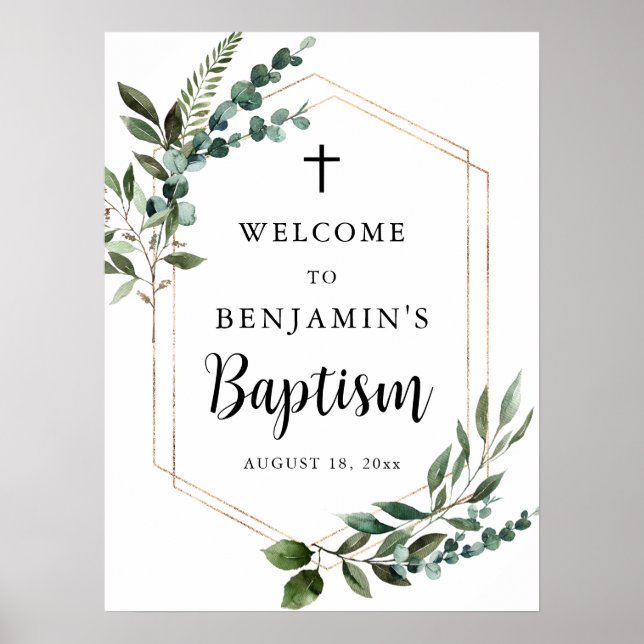 Greenery Foliage Gold Cross Baptism Welcome Poster (Front)
