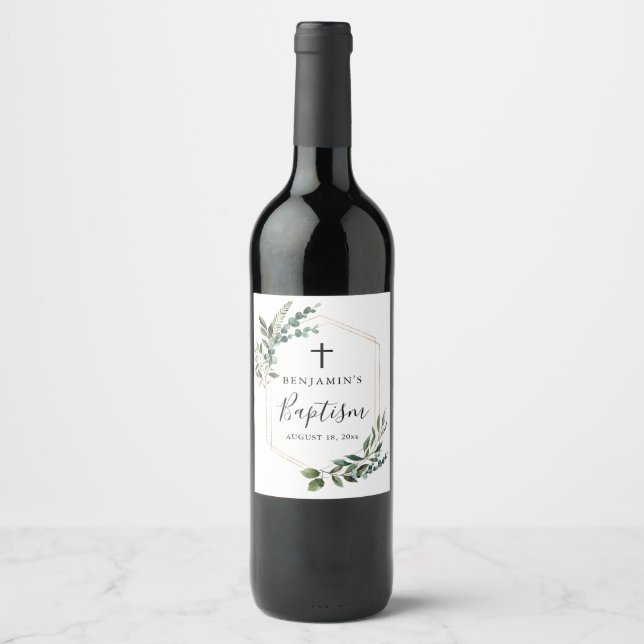Greenery Foliage Gold Cross Baptism Wine Label (Front)