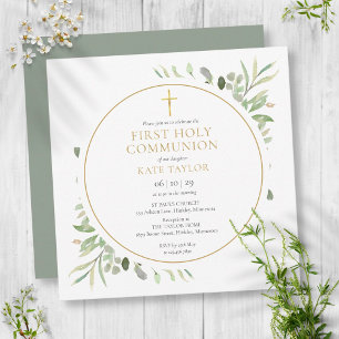 Greenery Foliage Gold First Holy Communion Invitation