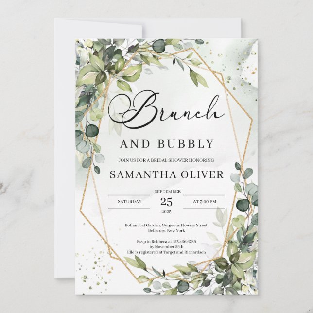 Greenery foliage gold geometric brunch and bubbly invitation (Front)