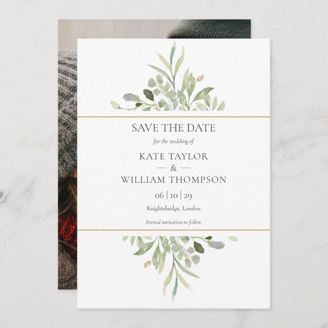Greenery Foliage Gold Geometric Photo Wedding Save The Date (Front/Back)
