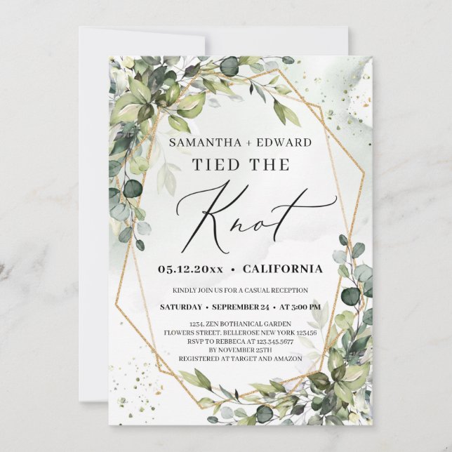 Greenery foliage gold geometric tied the knot invitation (Front)
