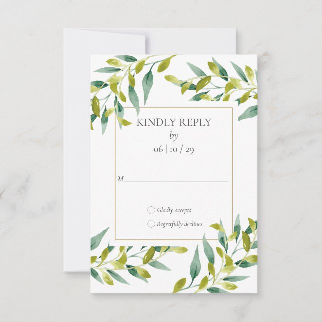 Greenery Foliage Gold Geometric Wedding RSVP Card (Front)