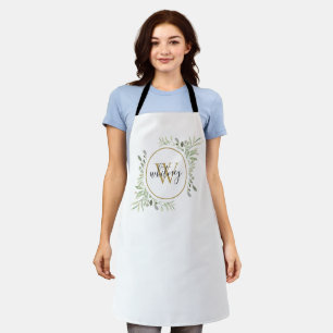 Greenery Foliage Gold Monogram Elegant Script Apron