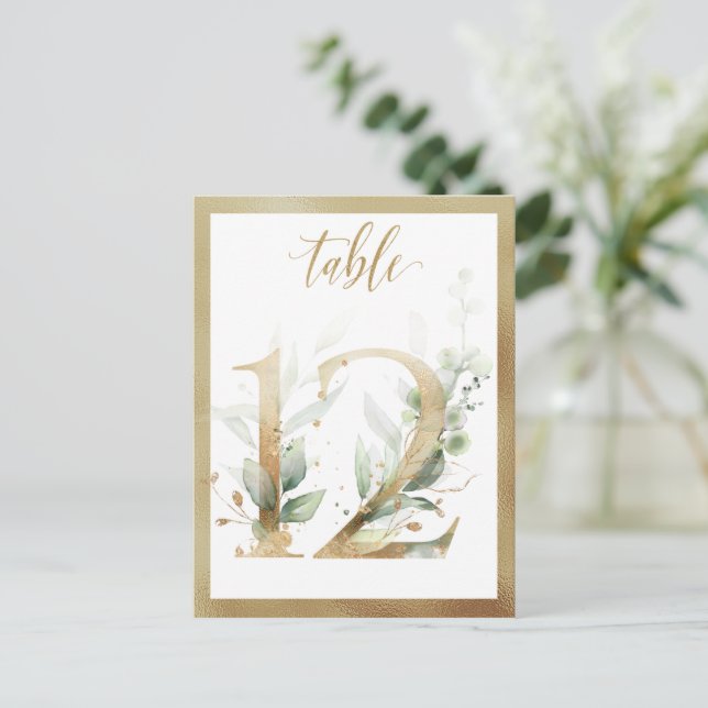 Greenery Foliage Gold Table Numbers, Table 12 Card (Standing Front)