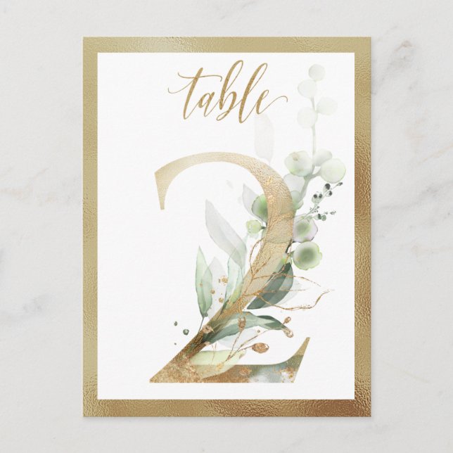 Greenery Foliage Gold Table Numbers, Table 2 Card (Front)