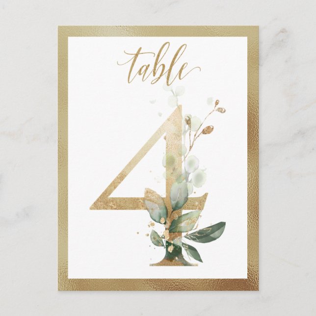 Greenery Foliage Gold Table Numbers, Table 4 Card (Front)