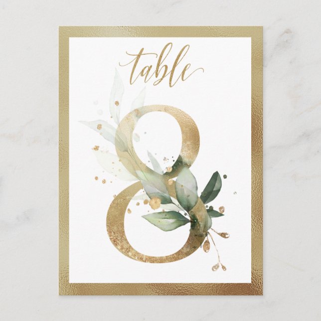 Greenery Foliage Gold Table Numbers, Table 8 Card (Front)