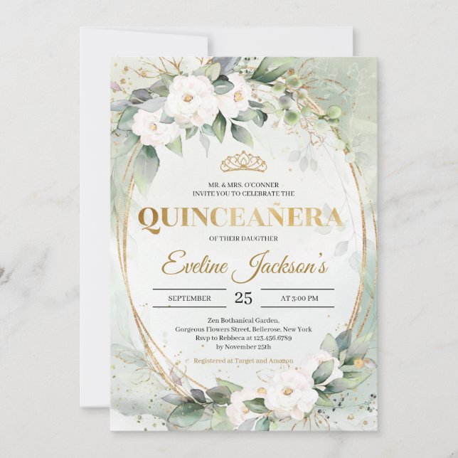 Greenery foliage gold tiara crown Quinceañera Invitation (Front)