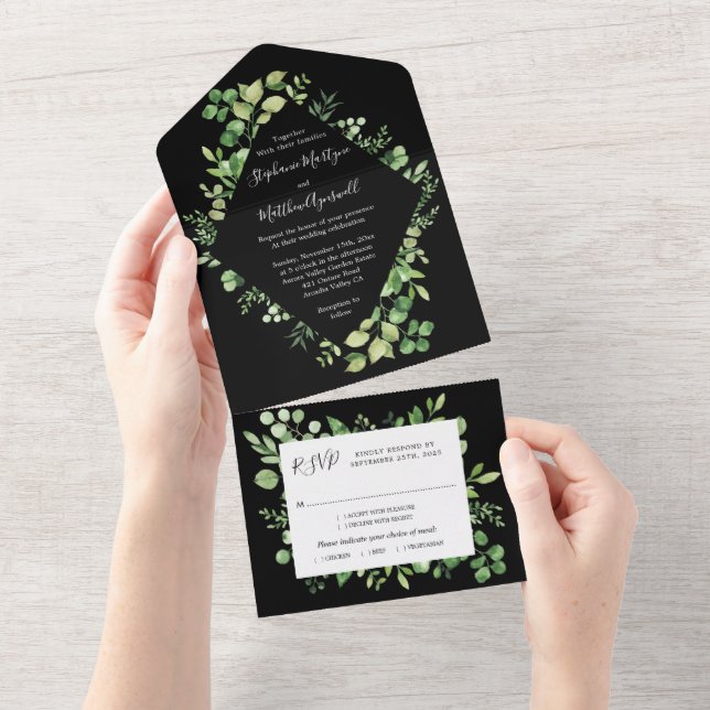 Greenery Foliage Leaves Botanical Wedding Black All In One Invitation (Tearaway)