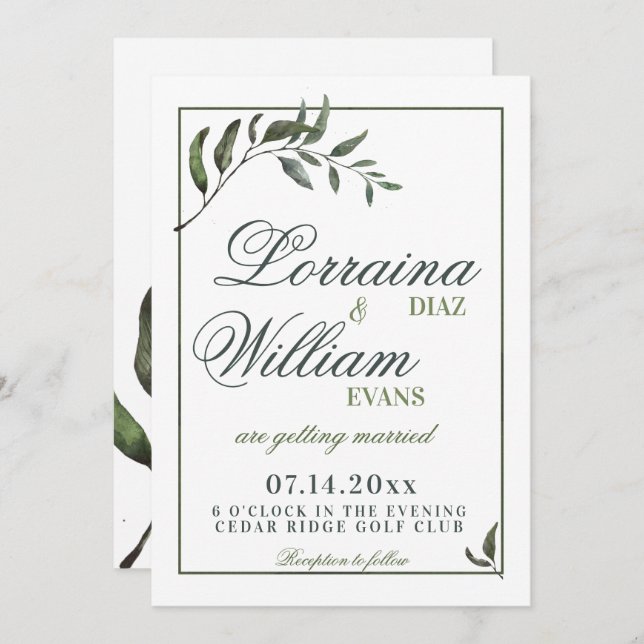 Greenery Foliage Olive Branch Elegant Wedding Invitation (Front/Back)