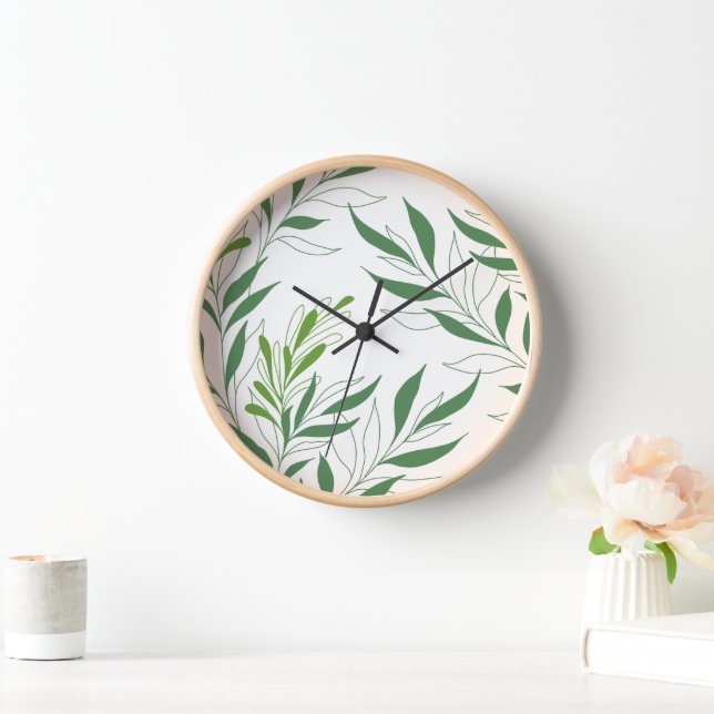   Greenery Foliage Pattern Elegant Green And White Clock (Home)
