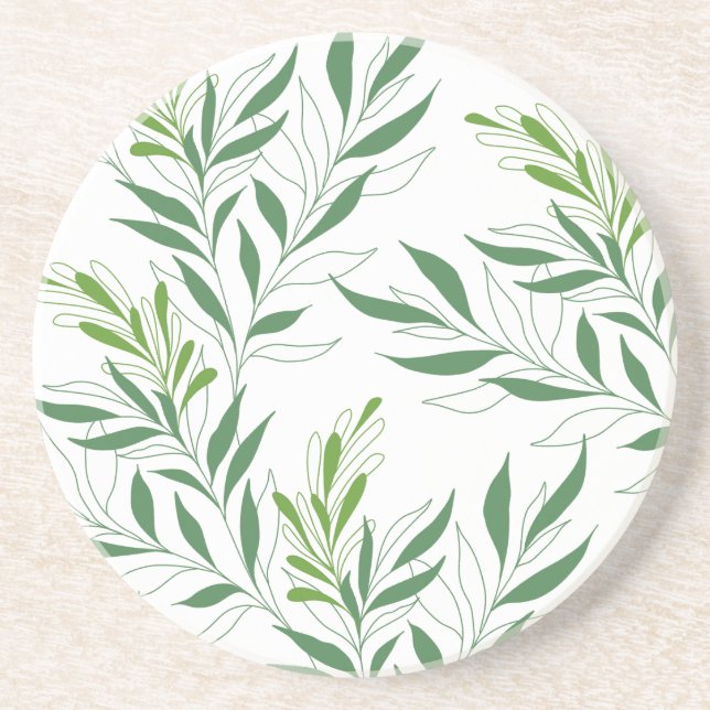   Greenery Foliage Pattern Elegant Green And White Coaster (Front)
