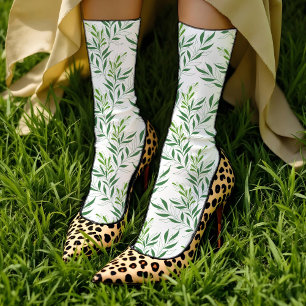   Greenery Foliage Pattern Elegant Green And White Socks