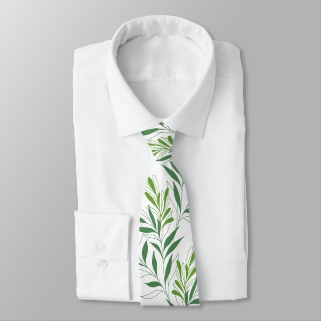   Greenery Foliage Pattern Elegant Green And White Tie (Tied)