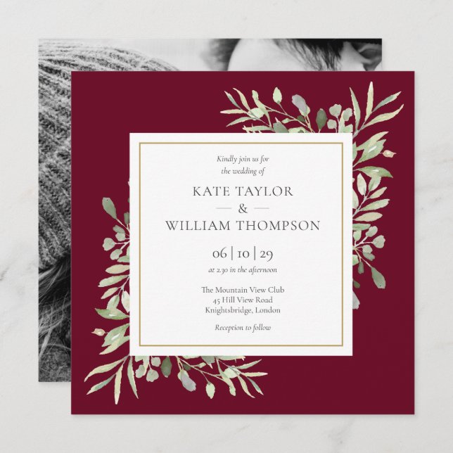 Greenery Foliage Photo Burgundy Wedding Square Invitation (Front/Back)
