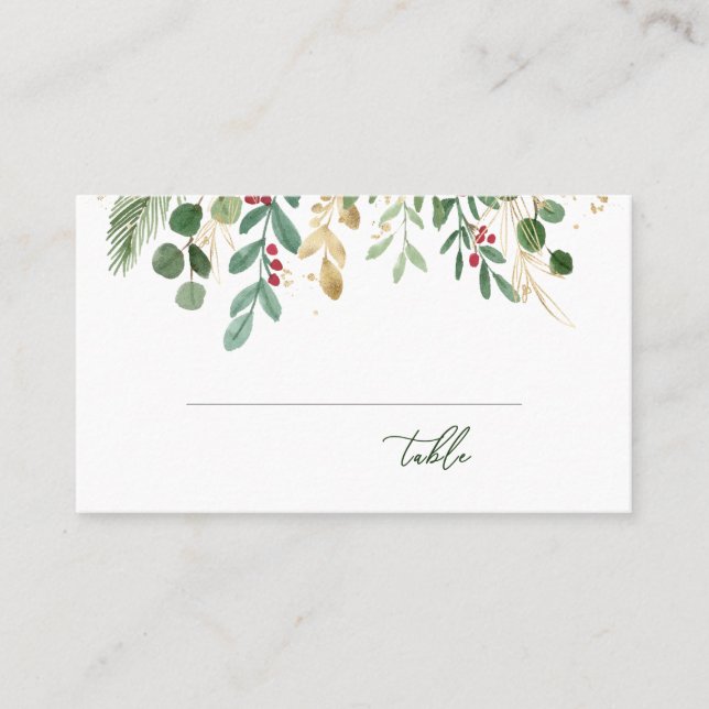 Greenery Foliage Red Berry Christmas Wedding Place Card (Front)