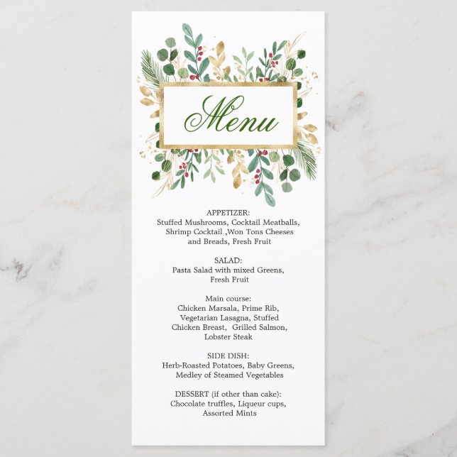 Greenery Foliage Red Berry Wedding Christmas Menu (Front)