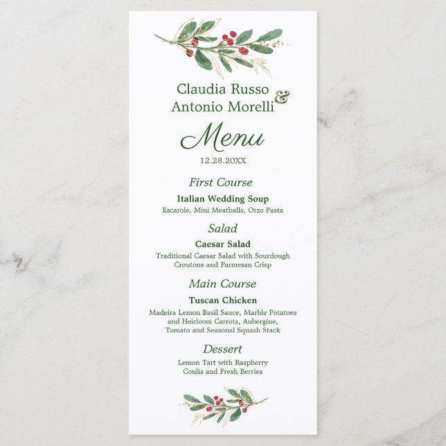 Greenery Foliage Red Berry Wedding Christmas Menu (Front)